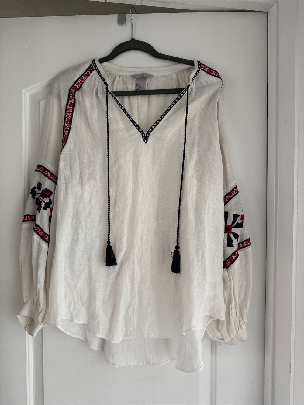 ***White Boho Embroidered Tunic Top with Black & Red Accents